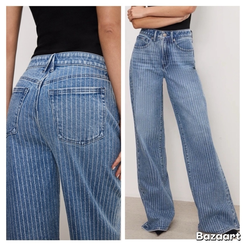 NWT Good American Blue Pinstripe Wide Leg Jeans